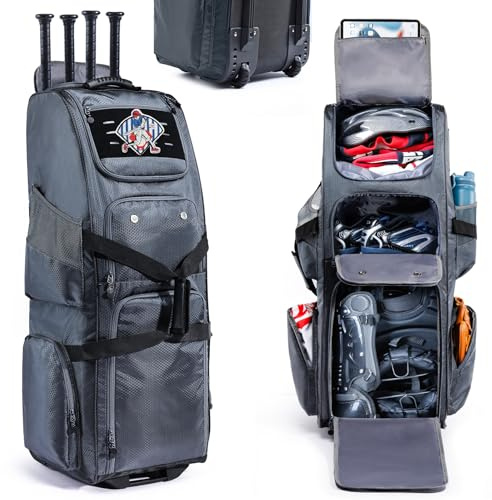 Rolling Baseball Bat Bag with Wheels, Large Capacity Gear Bag Holds 4 Bats, Reinforced Hard Base & Structured Back Panel, Top & Bottom Grab Handles, Shoe & Helmet Compartments for Youth &Adult Players