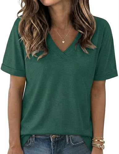 Aottori Maglietta Donna Scollo a V Manica Corta Maglia Estiva Elegante Ampia Tee Shirt Leggero Moda Top Basic Tinta Unita T Shirt Traspirante Morbido Verde L
