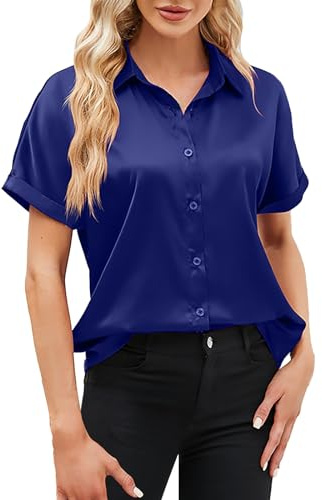 Blusas de seda satinada para mujer, blusas de manga corta con botones y cuello de solapa, camisas casuales de ajuste holgado, camisa de oficina de negocios, Blusas de satén azul para mujer, XXL