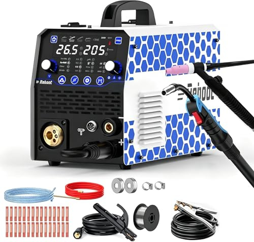 Reboot Saldatrice multifunzione 7 in 1, 205 A, MIG/MAG, filo animato senza gas, MMA Lift-TIG con torcia TIG, saldatura a punti, predisposta per alluminio, display digitale IGBT 230 V, per fai da te e