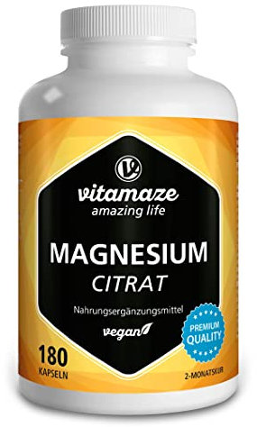 Magnesium-Citrat Kapseln hochdosiert & vegan, 2250 mg davon 360 mg elementares Magnesium pro Tagesdosis, 180 Kapseln für 2 Monate, Natürliches Supplement ohne Zusatzstoffe, Made in Germany
