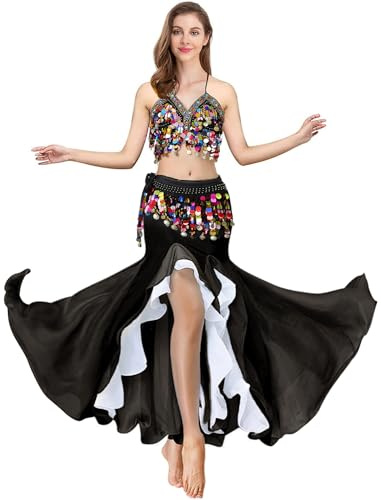 ELLYDOOR Belly Dance Costume Set for Women Belly Dance Crop Top Bra and Hip Scarf Slit Dance Skirt Halloween Outfit Black