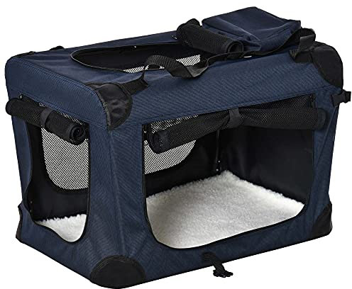 PawHut Foldable Pet Carrier for Small and Miniature Dogs, Portable Cat Carrier Soft Side Pet Travel Crate with Removable Mat, Storage Bags, Breathable Mesh 70 x 51 x 50cm - Dark Blue