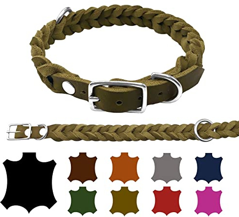 Hundehalsband Fettleder kleine Hunde/große Hunde verstellbar handgeflochten Made IN Germany (S 32cm-38cm Breite:15mm, Olivegrün)