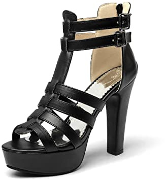 Sandales synthétiques sexy Peep Toe avec fermeture éclair Boucle Talon Bloc Talon Haut avec 12 cm Soirée Party Escarpins pour Femmes Grande Taille T33-372, Noir , 45 EU