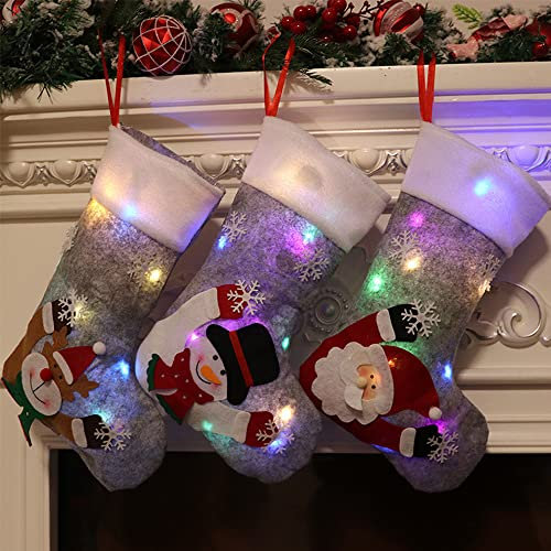 NAVESO Nikolausstrumpf, 3 Pcs Weihnachtsstrümpfe zum Befüllen, Weihnachtssocken zum Aufhängen, Nikolaussocken mit LED-Licht, Nikolaus Stiefelchen Befüllen, Weihnachtsdeko Geschenktüten für Geschenk