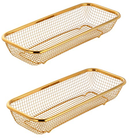 BYEGOU Gold Kitchen Drawer Organizer, Stackable Mesh Storage Baskets, Stainless Steel Silverware Organizer for Holding Knife Fork Spoon, 12.5x5x2.5, Pack of 2