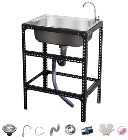 Évier de Cuisine Autoportant avec Robinet Pivotant à 360 ° Évier Inox de Cuisine 1 Bac Professionnel avec Support Évier Utilitaire sur Pied pour Cuisine, Restaurant, Garage (55 * 40 * 75cm)