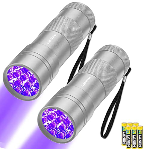 LEAGY 2 Pack 12 LED 395nm Mini UV Flashlights with Batteries - Pet Urine Detector, for Counterfeit Detection, Banknotes, Document Verification etc (Silver)