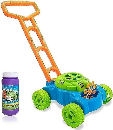 Aggloz | Lawn Bubble Mower | Push Along Toy Lawnmower for Kids and Toddlers with Bubble Machine | Bubble Solution Included | Gift Idea for Children from Age 3 | Garden Play Tools & Accessories