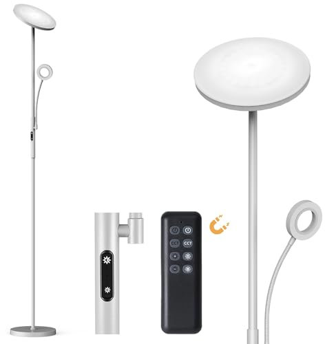 Modlicht 35W Stehlampe LED Dimmbar Grau, 4200LM Stehleuchte Wohnzimmer mit Fernbedienung & Touch-Steuerung, 3000-6000K Deckenfluter LED mit Leselampe, Standlampe LED für Schlafzimmer Büro