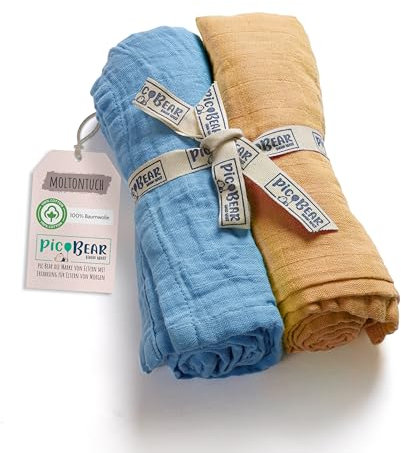 pic Bear Musselin Molton Tücher 80x80cm - Ultra-weiche Multitalente für Babyalltag: Spucktuch, Schmusetuch & mehr - 100% Baumwolle - 2er Pack (airy Blue + Tender Peach)