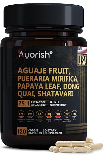 Ayorish Aguaje Fruit Supplement1000mg 25:1 with Pueraria Mirifica, Papaya Leaf, Dong Quai, Shatavari, Wild Yam,Fenugreek Seed 120 Veg Capsules