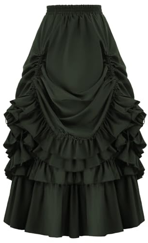 Fiamll Jupe gothique steampunk pour femme - Ourlet haut et bas - Jupe longue médiévale - Jupe Renaissance avec volants, vert, XXXL