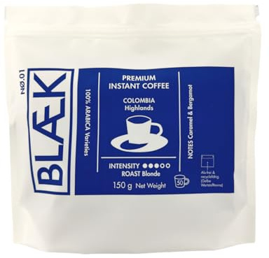 BLÆK Specialty Instant Kaffee Nø.1 Blonde Roast | Blaek Premium Coffee 150g Bag Kolumbien To Go Pouch löslich säurearm & mild Arabica Hochland Kaffeebohnen | Hotel Home Camping Reise Büro Outdoor