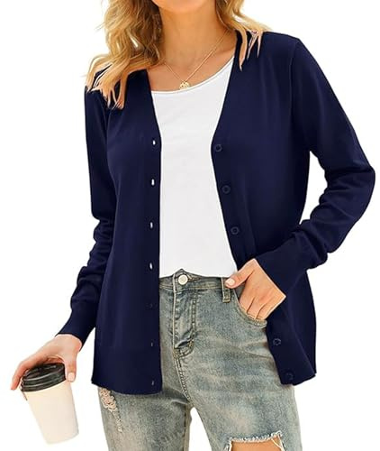 Anelune Navy Cardigans for Women UK, V-Neck, Long Sleeve, Button Down, M