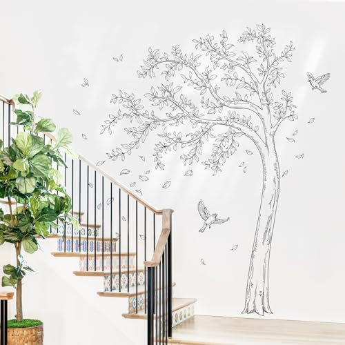 Supzone XXL Wandtattoo Baum Großer Schwarzer Wandaufkleber Einfache Skizze Baum Minimalistische Wandsticker für Wohnzimmer Schlafzimmer Sofa TV-Hintergrund Wanddeko（H: 172cm)
