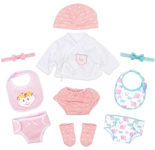 Baby Kleidung Outfits für 16-18 Zoll Baby Puppen, 3 Tierdruck Puppenkleidung mit Puppenwindeln Puppenlätzchen Mützen Socken Stirnbänder für 40-45 cm Neue Puppenunterwäsche Mädchen Geschenk