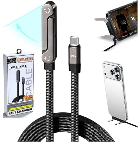 Câble de chargeur de support invisible 2 en 1 avec support réglable Nylon tressé USB C à USB C Câble de charge super rapide 240W avec support latéral pour téléphone pour jeux Bureau Voyage en voiture
