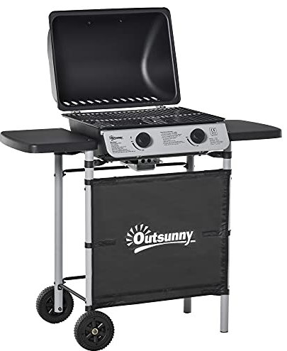 Outsunny Barbacoa de Gas con 2 Quemadores de 5,6 KW BBQ de Gas Portátil con 2 Ruedas 2 Mesas Laterales y Parrillas de Acero para Camping Picnic 104x49x99 cm Negro