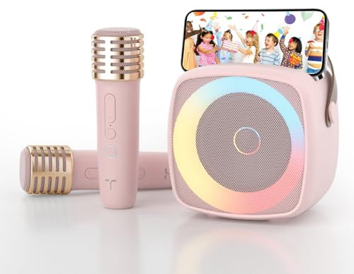 Karaoke para niños con 2 micrófonos, Regalo niña 3-12 años micrófono Bluetooth para niños y niñas, portátil máquina de Karaoke con diseño Soporte para teléfono, Sistema PA para Fiestas en casa
