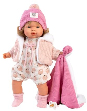 Llorens 1038572 Puppe Lola, mit grauen Augen und blonden Haaren, Babypuppe mit weichem Körper, inkl. Strickoutfit mit Mütze und rosa Kuscheldecke, 38 cm