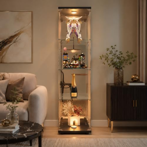 BRILVERDE Vitrine Trempé avec Éclairage LED, Porte et Fond Miroir - Vitrine en Verre pour Collection, Vin, Figurines, Livres (LED - 4 - Noir - Miroir - 1 Porte, 125 x 42 x 36 cm)