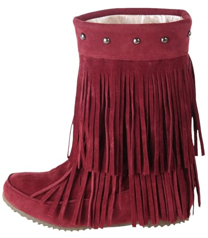 FGUUTYM Stivaletti da donna alla moda con frange, piatti, alla caviglia, in pelle scamosciata, invernali, caldi, da cowboy, medievali, per le mezze stagioni, Colore: rosso, 37 EU