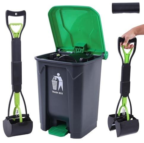 Pooper Scooper 2 Pack with 20 Litre Step Dog Poop Trash Can, 28 Long Handle Dog Poop Scoopers for Large Small Dogs Heavy Duty, Removable Inner Bucket for Outdoors, 50 Waste Bags Included (Green)