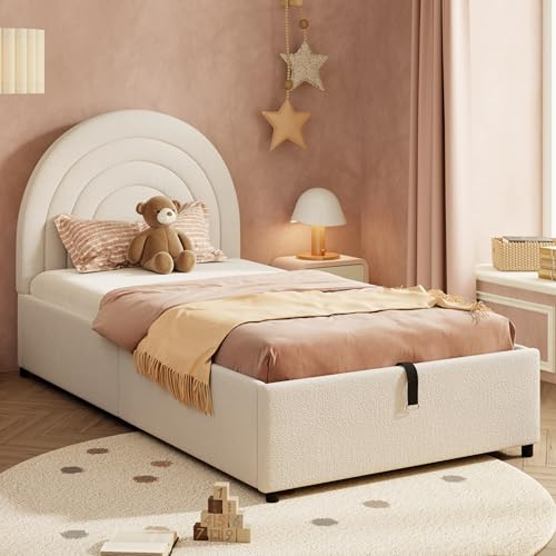 Azkoeesy Letto singolo imbottito con rete a doghe e contenitore, 90 x 200 cm, testiera curva, tessuto a pelo lungo, adatto a bambini e adolescenti, beige