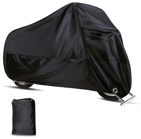 Teybouk Motorcycle Cover, All-season Waterproof Protective Outdoor Shield with Lock-holes, Polyester Motorbike Cover with Storage Bag, for Up to 49.2 x 96.5 Motorcycles (Black)