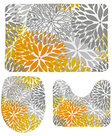 My Daily 3-teiliges Badezimmerteppich-Set, Dahlie, Blumen, grau/orange, abstraktes Blumenmuster, U-förmige Kontur, WC-Vorleger und Deckelbezug, Duschmatte, rutschfeste Badteppich-Set