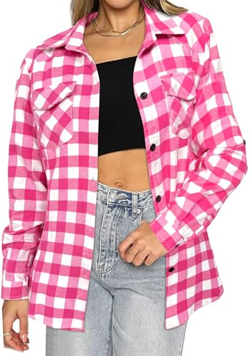 HOTOUCH Flannel Shirts for Women Plaid Checked Roll Up Long Sleeve with Pockets Mid Shirts