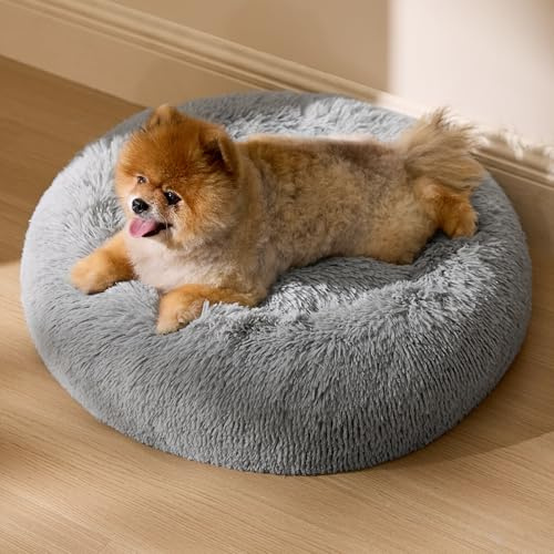 BEDSURE Hundebett waschbar Flauschiges Katzenbett - Ø 60 cm Katzenschlafplatz für Katzen und kleine Hunde, plüsch Katzenkissen rund Kuschelbett, Hellgrau