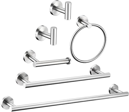 6 Pieces Brushed Nickel Bathroom Hardware Accessories Set Hand Towel Ring 16&23.6 inch Round Towel Bar Silver Toilet Paper Holder Towel Hooks 2 Pieces SUS 304 Stainless Steel,Heavy Duty,Wall Mounted