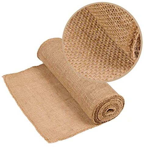 Camino de Mesa, Rollo de arpillera, Hilo Dorado, Bordes cosidos, 30 cm x 5 m para decoración, Boda, Fiesta, Trabajos manuales