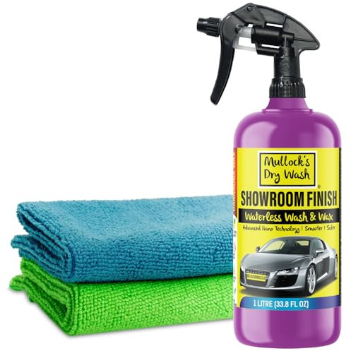 Mullock's Dry Wash & Wax Spray - Waterless Car Wash Cleaner with Carnauba Nano Wax Technology for a Showroom Finish - Eco-Friendly $ Easy to Use (With Microfibre Cloths)