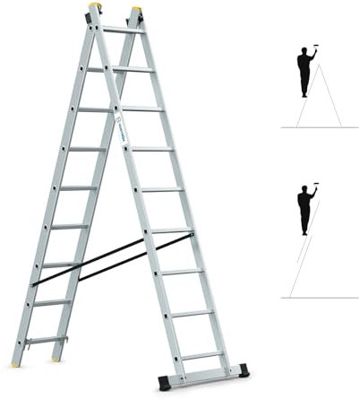 Echelle Transformable 2 Plans StablePro 2x9 marches Aluminium Extensible coulissante, 3 Positions, Hauteur Travail Max 5,02m, Garantie 5 Ans, Hostrom
