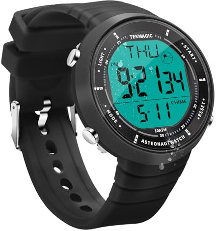 Reloj de pulsera para natación y buceo, reloj deportivo impermeable de 10 atm, con funciones de alarma, cronómetro, cuenta de vuelta, doble zona horaria, correa de silicona, Negro