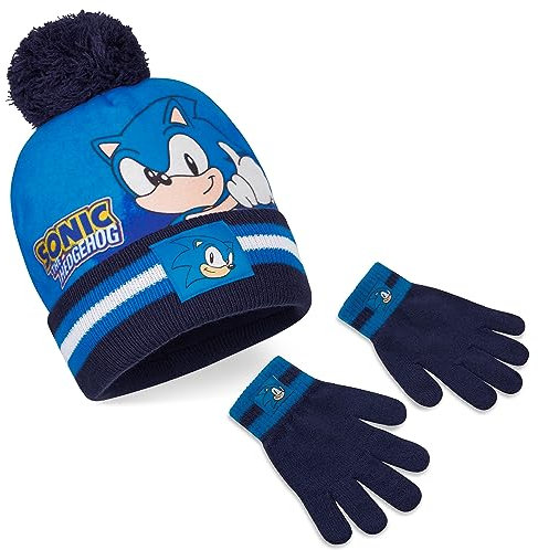 Sonic The Hedgehog Mütze Jungen Schal Handschuhe Set Kinder Wintermütze Set (4-15 Jahre, Blau 2 Stück)