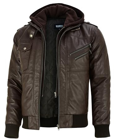 Vance - Chaqueta de piel auténtica para hombre, 100% piel de cordero, con capucha desmontable