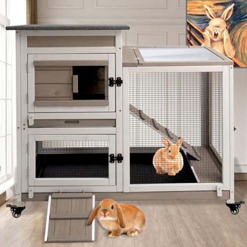 PetsCosset Rabbit Hutch Indoor 40 L Large 2 Story Outdoor Wooden Bunny Hutch with Run, 4 Metal Wheels & 2 Deeper Trays, UV-Proof Panel Rabbit Cage Guinea Pig Pet House for Small-Medium Animals