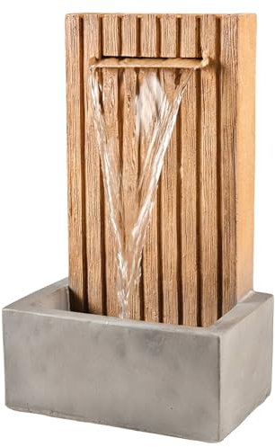 Gartenbrunnen mit Wasserfall Standbrunnen mit Holzwandoptik aus GRC Beton Zierbrunnen für Innen und Außen Gartendekoration H: 54cm