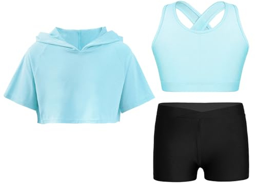 Alvivi Ensemble De Sport Danse Enfant Fille Sweat à Capuche Manches Courtes Haut Et Short De Sport Fitness Gymnastique 5-16 Ans B Bleu Clair 11-12 ans