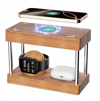 Estación de carga inalámbrica de bambú con luz: estación de carga de bambú para múltiples dispositivos, cargador inalámbrico de cabecera para iPhone 16/15/14/13/12/11 Pro Max, Air Pods, relojes
