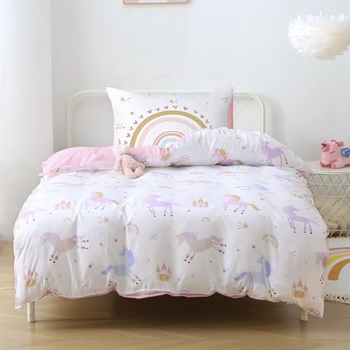 FEKOHIPY Juego de funda nórdica infantil de unicornio para cama individual de 135 x 200 cm, funda de edredón de microfibra con estampado 3D rosa, funda de edredón con cremallera y 1 funda de almohada
