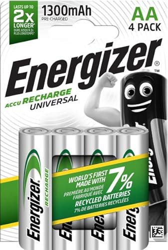 Energizer - Recargables, Pack de 4 Pilas AA 1300 mAh, precargada, para Dispositivos Uso frecuente y Cientos de recargas, sin sulfatación