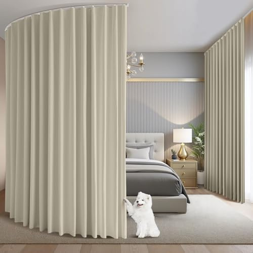 BTTO Cloison de Separation Interieur, Cloison Amovible Rideau Separateur avec Rail et Crochets, Paravent Interieur Occultants Thermique Montage au Plafond, pour Salon Bureau, Beige, L254 x H213cm