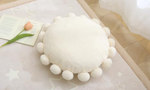 MolynnChic Cuscino rotondo da pavimento con pompon, morbido cuscino in finta pelliccia di coniglio, per soggiorno, camera da letto o finestra a golfo, soffice cuscino decorativo per adulti e bambini