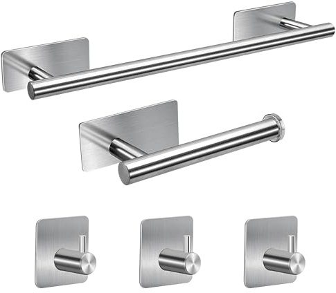 Set di Asciugamani da Bagno in Acciaio Inossidabile Autoadesivo Gancio per Accappatoio Accessori per il Bagno per Bagno Cucina e Camera 5 Pezzi (Argento)